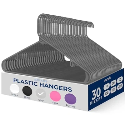 Image of SereneLife Plastic Hangers 30 pcs, Non Slip Heavy Duty Clothes Hanger Set with 360 Swivel Hook, Smooth Finish to Protect Fabric, Lightweight, Ultra Thin for Coats and Other (Grey)