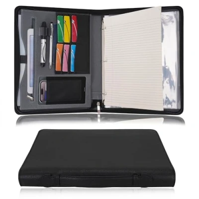 Image of Wonderpool Travel Zippered Portfolio 3 Ring Binder A4 Padfolio Document Case with Removable Clipboard Legal Pad Holder, Business Office School Organizer for Men and Women (Black)