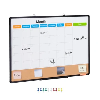 Image of VEVOR 36&quot;x 24&quot; Monthly Calendar Whiteboard &amp; Cork Board Combo with Aluminum Frame 2 in 1 Magnetic Dry Erase Bulletin for Wall Mount Ideal School, Home, Office