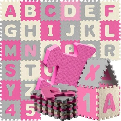 Image of Spielwerk® 86 Piece Childrens&#039; Puzzle Play Mat Baby Toddler Kids 3.3 m² EVA Foam Floor Protection Crawling 29.5x29.5cm Letters Numbers ABC Learning Carpet XXL Pink