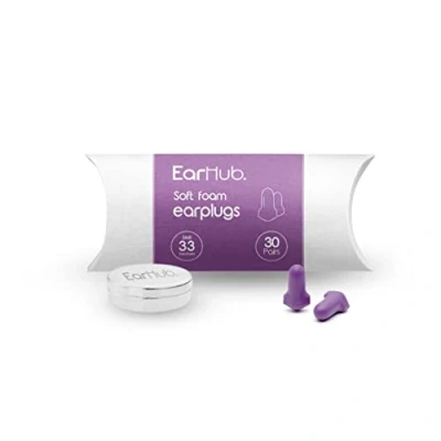 Image of EarHub Soft Foam Earplugs, Hearing Protection 33dB, Ear Plugs Best Used for Sleep, Also Travel, Work, Study &amp; Concerts, Purple, 30 Pairs