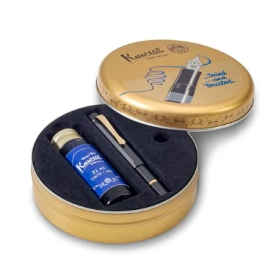 Image of Kaweco PISTON FILLER Sport Starter Set Black I Classic Fountain Pen with Steel Nib for Ink Bottles in Nostalgic Box including Bottle Royal Blue 13 cm Nib: M (Medium)