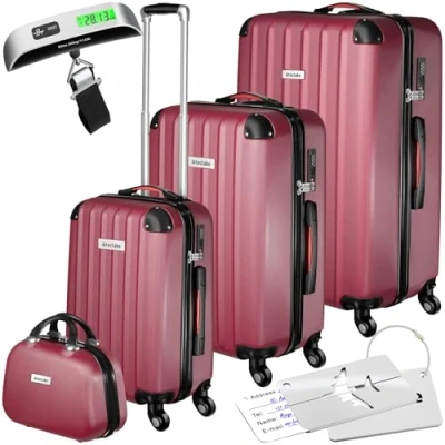 Image of TecTake® Hard Shell Suitcase Set, Lightweight Suitcases with TSA Lock Including Extra Large, Medium and Beauty Case, 360 Degree Wheels, Telescopic Handle Luggage Scale Wine red