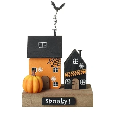 Image of Heaven Sends Decorative Wooden Spooky Haunted House Black/Orange 14cm x 10cm 6cm Halloween Decoration Autumn Pumpkin Themed Décor Perfect for Home, Kitchen, Living Room, Tabletop