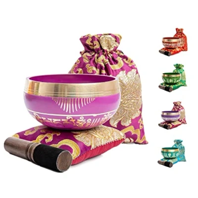 Image of Tibetan Singing Bowl Set Easy To Play for Beginners Authentic Handcrafted Mindfulness Meditation Holistic Sound 7 Chakra Healing Gift by Himalayan Bazaar (Orchid)