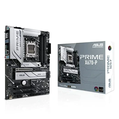 Image of ASUS PRIME X670 P, an AMD Ryzen AM5 ATX motherboard with three M.2 slots, DDR5, USB 3.2 Gen 2x2 Type C, USB4 header, and 2.5Gb Ethernet