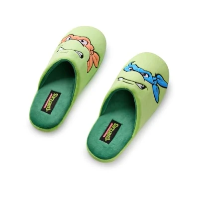 Image of Teenage Mutant Ninja Turtles Mens Slippers TMNT Leonardo &amp; Mikey Character Face Slip On Mules in Green with Rubber Sole Animated Warrior Cartoon Indoor Bedroom Footwear Movie Merchandise Gift