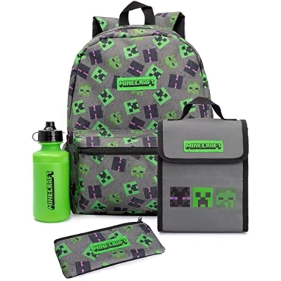Image of Minecraft Boys Backpack Kids Creeper Zombie Enderman Villains Merchandise Rucksack Water Bottle Back to School