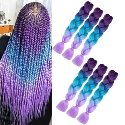 Image of 6 Packs Ombre Jumbo Braiding Hair, Afro Hair Extensions for Box Braid Crochet Twist Purple Lake Blue Light