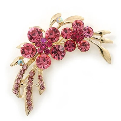 Image of Avalaya Pink Crystal Double Flower Brooch in Gold Plating 55mm Length