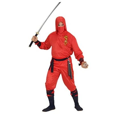 Image of Widmann 01333 ? Adults Dragon Ninja Costume, Hooded Top, Trousers, Belt, Face Mask, Red