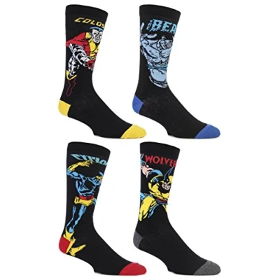 Image of 4 Pair Assorted Marvel X Men Wolverine, Beast, Cyclops and Colossus Cotton Socks Men&#039;s 6 11 Mens Film &amp; TV Characters