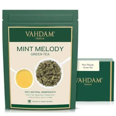 Image of VAHDAM, Mint Green Tea Loose Leaf 100g (50+ Cups) Peppermint with Pure Leaves High Elevation Grown Vacuum Sealed Brew As Hot Or Iced