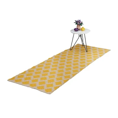 Image of Relaxdays Cotton Runner Rug, 80 x 200 cm, Non Slip, Hand Woven, Diamond Pattern, Decorative Carpet for Any Room, Yellow