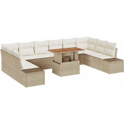 Image of vidaXL 11 Piece Garden Dining Set with Cushions Beige Poly Rattan Acacia