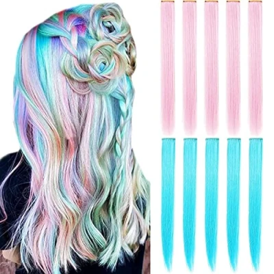 Image of LVSHANGMAO 10 Pcs Colored Hair Extensions 21 Inch Heat Resistant Straight Party Highlight Cosplay Christmas Accessories for Girls Kids(Sky blue Light pink)