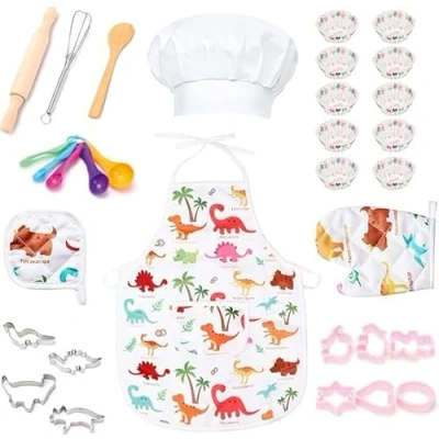 Image of EOGRFW 22Pcs Kids Chef Role Play Costume Set,Toddler Cooking Apron Set,Apron&amp;Chef Hat for Dress Up (Dinosaur)