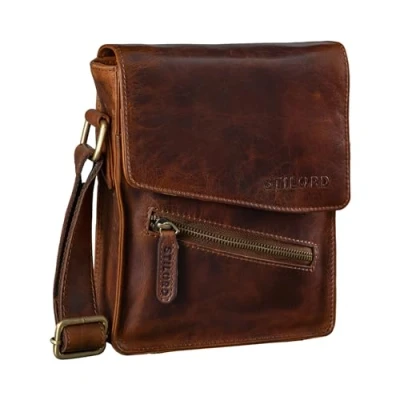 Image of STILORD &#039;Steve&#039; Mens Leather Messenger Bag Brown Small Shoulder for Men Vintage Cross Body 8 inch Tablets Satchel Genuine Leather, Colour:Florida