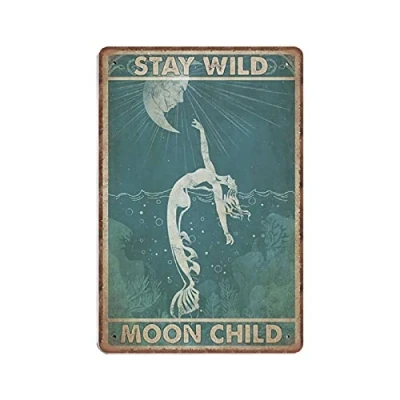 Image of DAIERCY Mermaid Stay Wild Moon Child Tin Signs Funny Vintage Metal Sign Plaqu Poster Wall Art Pub Bar Kitchen Garden Bathroom Home Decor, 140 X 200 mm