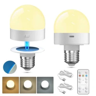 Image of Lamptobe Rechargeable Light Bulb, E27 Dimmable LED Bulb with Magnetic Base Detachable, 3 Color Battery Remote Control, Timer for Night Light, Camp, Non Hardwired Lamps, 2 Pack