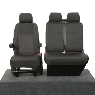 Image of UK Custom Covers SC103BAD14 Tailored Heavy Duty Waterproof Front Seat (Single/Double WITH Armrests) Black To Fit VW Transporter T6/T6.1 Caravelle 2015 Onwards