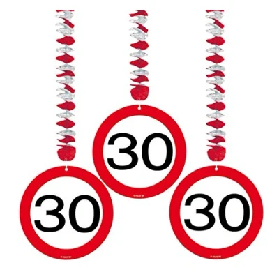 Image of Traffic Sign 30th Party hanging decor Pack of 3, 3 Designs on foil spiral decorations