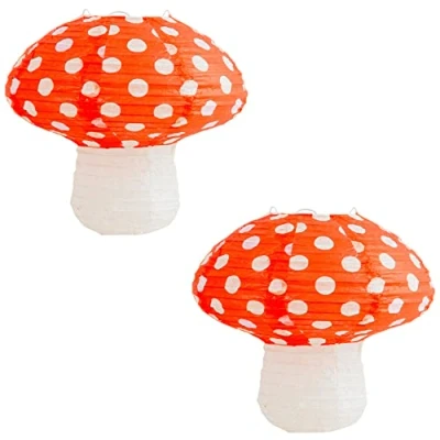 Image of 2 Pieces Paper Lanterns Mushroom Shape Child Hanging Lantern Party Decoration Ornament Lampshade Garden Wedding Birthday Decor (Red)
