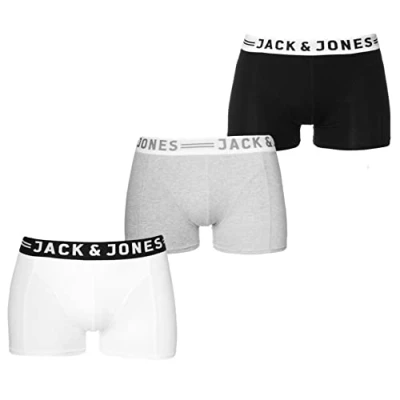Image of Jack &amp; Jones Men&#039;s Sense Trunks 3 Pack Boxer Shorts, Black/White/Grey, XL (Pack of 3)