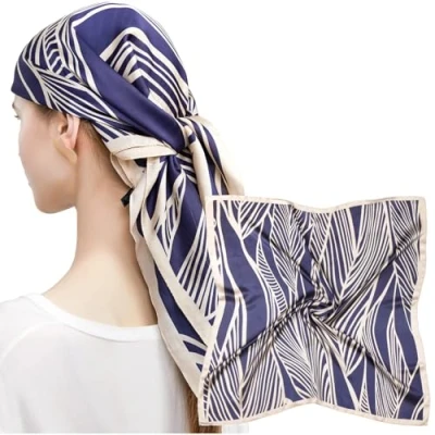 Image of MEANBEAUTY 27.5&quot; Square Silk Like Head Scarf for Women Satin Bandana Scarves Neck Scarfs Hair Wrapping at Night(Blue leaves)