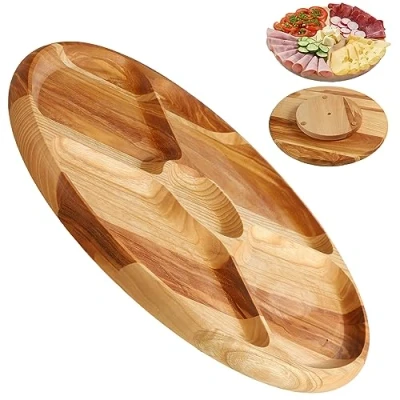 Image of KADAX Serving Plate, Turntable Made of Natural Wood, Diameter 33.5 cm, Rotating Plate with Compartments, for Chips and Dip, Snack Meat (Ash Wood)
