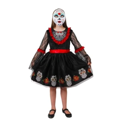 Image of Girls Day Of The Dead Costume. Dia De Los Muertos Little Senorita Dress With Lace &amp; Sugar Skull Design For + Mask. Kids Fancy Size: Large