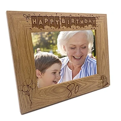 Image of 80th Birthday Photo Frame Landscape Wooden Engraved Bunting Style Gift (4 x 6 Inch)