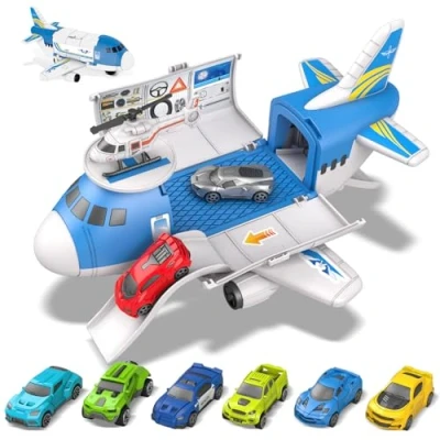 Image of kramow Toy Cars for 3 Year Old Boys, Car Toys Set, Aeroplane Toys, Transport Airplane with 7 Sports Cars, 1 Off Road Car, Helicopter, Cargo Plane Gifts Kids Boys Girls age 4 5 6