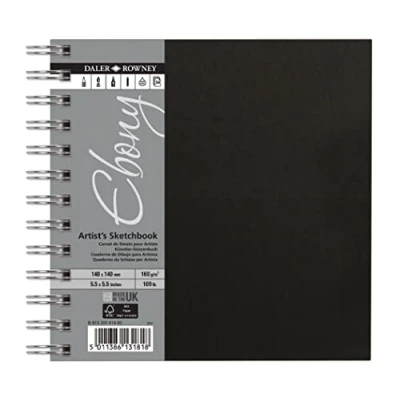 Image of Daler Rowney Ebony Sketchbook, Smooth Surface, 160gsm, Spiral Bound, Square, 14 x 14cm, Natural White, 54 Sheets, Ideal for Professionals