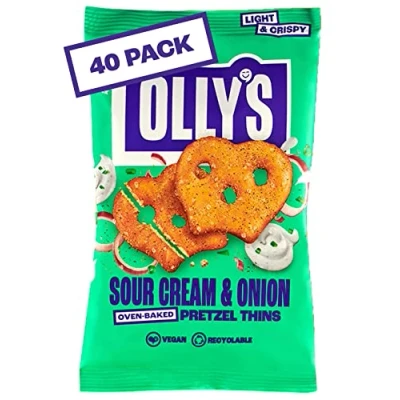 Image of Olly&#039;s Pretzel Thins, Sour Cream, 35g (Pack of 40), Handy Snack Pouches, Healthy Plant Based Vegan Snacks for Dipping, Low Calorie Snacks, Fat, Source Fibre, No Preservatives