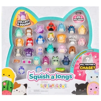 Image of Squish a longs 25 Pack Series 2 (25) 1 Mini Squish, 5 Accessories, Ring, &amp; Collector’s Guide Chase Figures Collect, Trade, Play