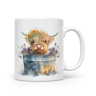 Image of Anonymous Gifting Highland Cow Watercolour Print Mug Beautiful Glossy Printed 3