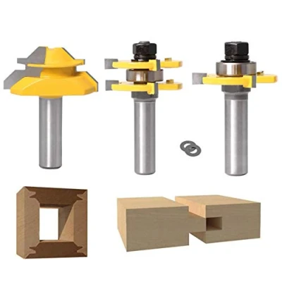 Image of Lock Miter 45 Degree Joint Router Bits + 2Pcs Tongue and Groove Set [1/2 Inch], Bit Wood Milling Cutter 3 Teeth T Shape