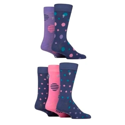 Image of Mens 5 Pair Farah Plain, Striped and Patterned Everyday Bamboo Socks Spotty Midnight / Teal Pink 6 11