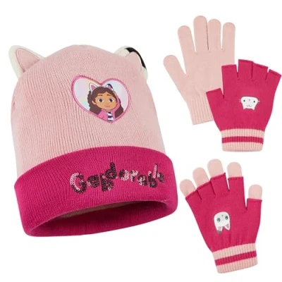 Image of Gabby&#039;s Dollhouse Girls Winter Accessories Set Beanie Hat and Gloves Gifts (Pink)