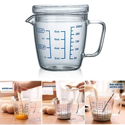 Image of Glass Measuring Cup,250ml Heat Resistant High Borosilicate Transparent Jug with Lid and Scale Ounce Measure Mug for Microwave,Tea,Cafe,Whiskey,Milk (250ml)