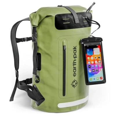 Image of Earth Pak Waterproof Backpack with Roll Top Closure, Front Pocket, Cushioned Back Panel &amp; Phone Case (Green, 85L)