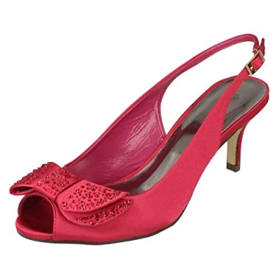 Image of Ladies Anne Michelle Mid Heel Peep Toe Diamante Bow Vamp Court Shoes Burgundy Satin UK Size 6 EU 39 US 8