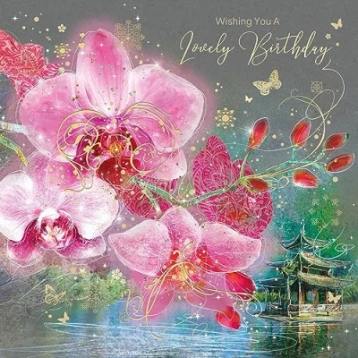 Image of Cherry Orchard Orchid Happy Birthday Card with Gold Foil Detailing and Envelope Grace Range from