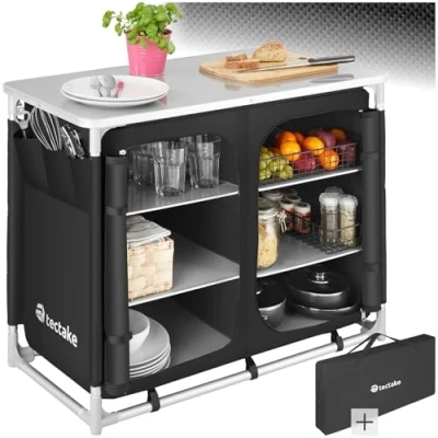 Image of TecTake® Portable Camping Cupboard 6 Internal Shelves, 3 External Pockets, Worktop, &amp; Zipped Door Kitchen Outdoor Storage Cabinet Compact, Lightweight Includes Carry Bag Black
