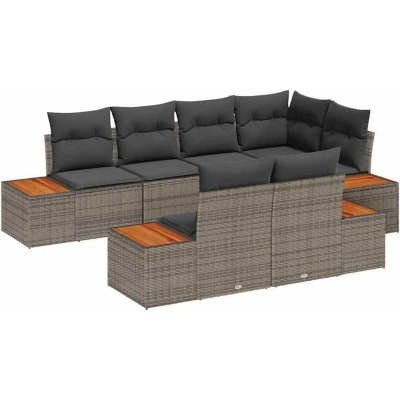 Image of vidaXL 7 Piece Garden Sofa Set with Cushions Grey Poly Rattan Acacia