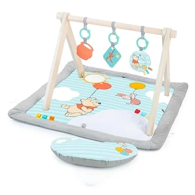 Image of Disney WINNIE THE POOH Once Upon a Tummy Time Baby Activity Mat with Wooden Toy Bar, Blue, Newborn+ by Bright Starts