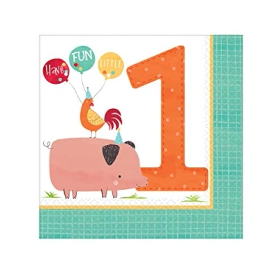 Image of Amscan 5121721 Barnyard Baby 1st Birthday Party Luncheon Napkins 16 Pack