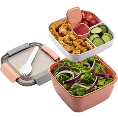 Image of MUJUZE Lunch Box with Divided Compartments, Salad Containers for Lunch, Sustainable, Leak Proof, Dishwasher Safe,Salad Bowl Box,Fruit School, Work, Picnic Travel (Pink)