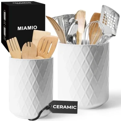 Image of MIAMIO Kitchen Utensil Holder Ceramic/Kitchen Organizer Set, Farmhouse Decor for Organizing Countertop and Storing Cutlery, Cooking Spoons, Accessories Palmanova Collection (White)